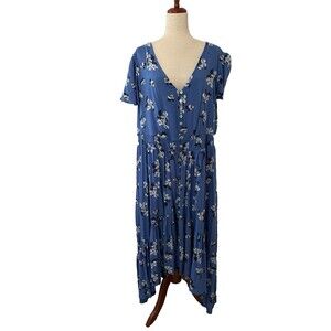 Roaman's Women's 22W Blue Floral Tiered Midi Dress Rayon Button Front Boho